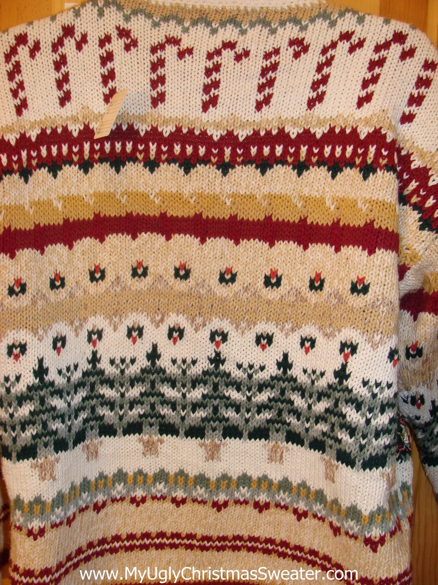 Horrible Two Sided Funny Ugly Sweater w- Candy Canes Trees Gifts