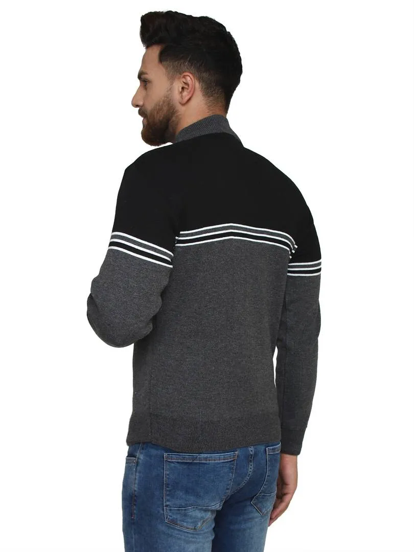 Striped Grey Synthetic Long Sleeves Turtle Neck  Sweaters